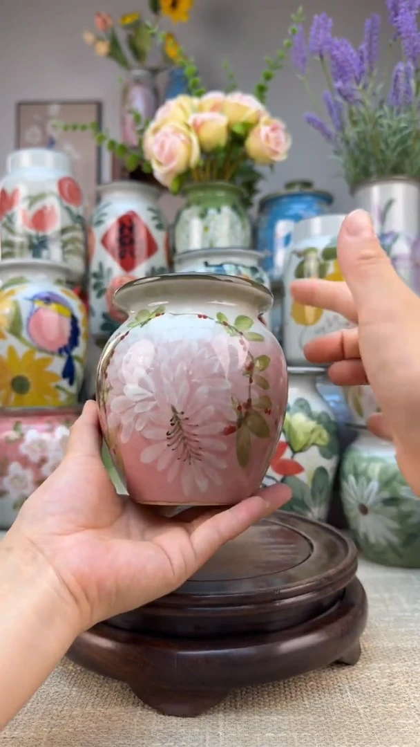 瓶景德镇手绘花器底部无孔内部无釉陶泥材质高温瓷釉下彩