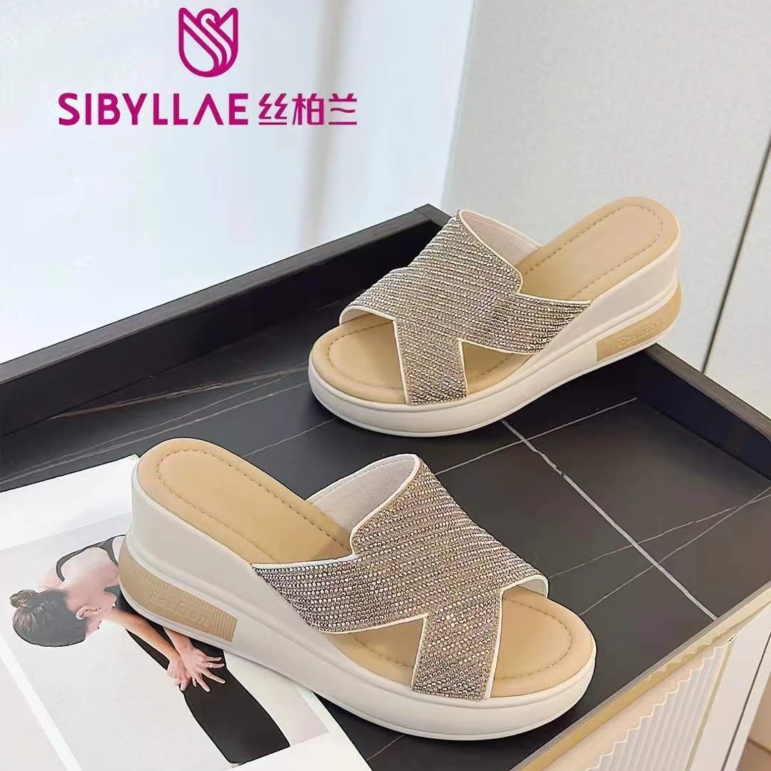 丝柏兰法式夏季常规透气圆头胶粘坡跟松糕鞋露趾小香风425285593