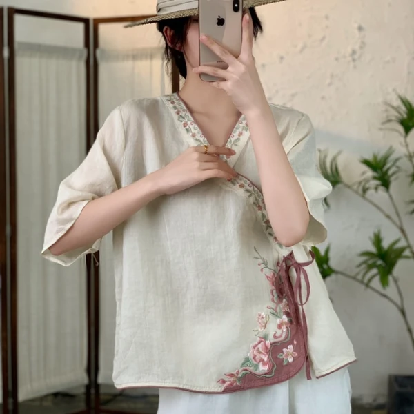 新中式百搭宽松复古苎麻刺绣夏季短袖上衣8635-1 肩43胸114长60