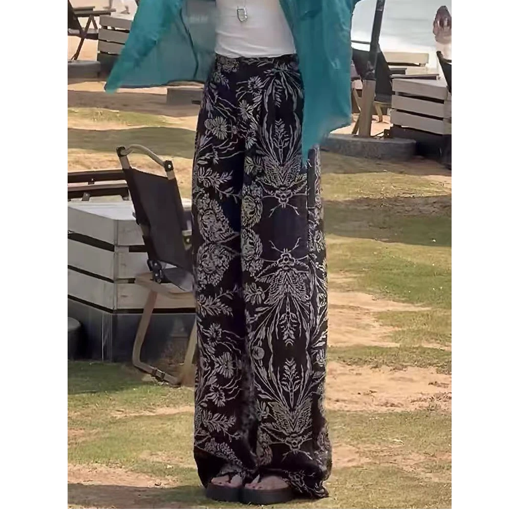 不规则印花慵懒风阔腿裤女2025夏季新款宽松百搭高腰显瘦直筒裤