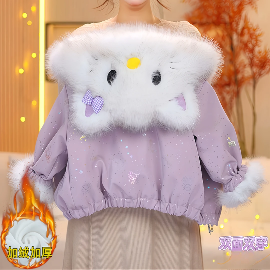 女童可爱加绒软皮派克服冬装2025新款布灵布灵一体绒双面穿毛毛衣