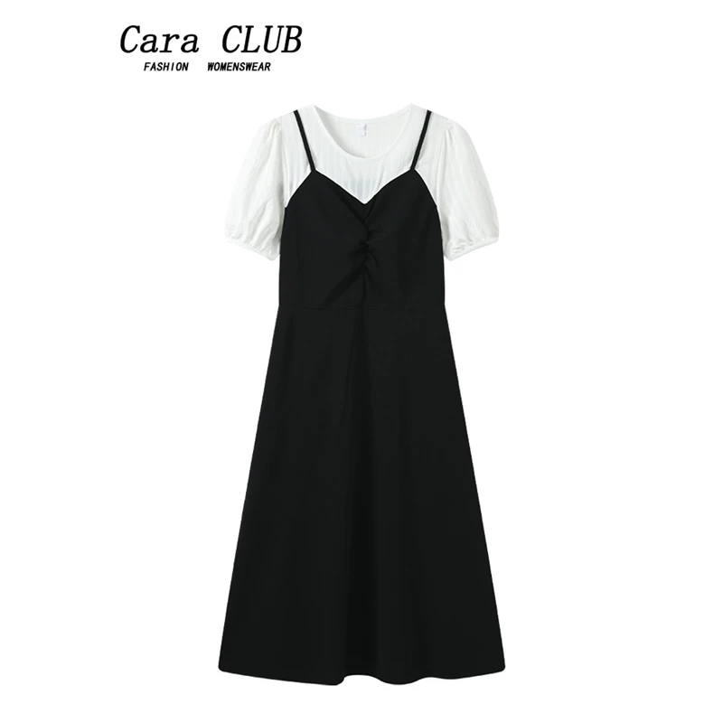 Cara CLUB大码A字短袖连衣裙女初夏穿搭胖妹妹百搭休闲假两件裙子