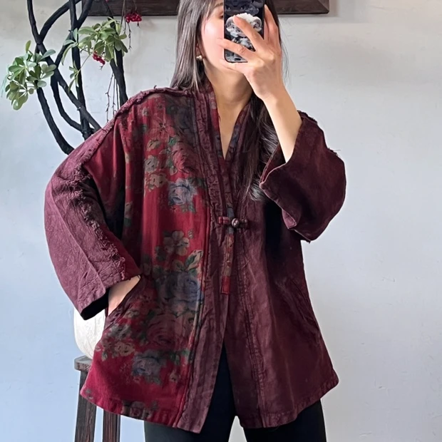 【十品】2025年春季新款做旧炒色印花亚麻上衣开衫胸围140