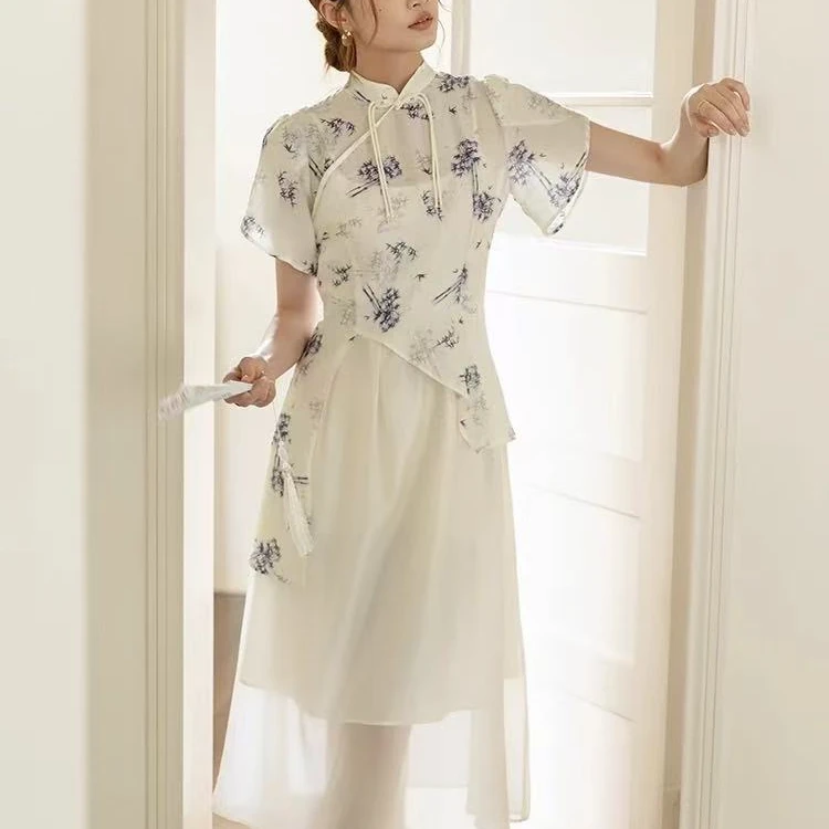 369新中式盘扣碎花吊带连衣裙国风复古气质两件套