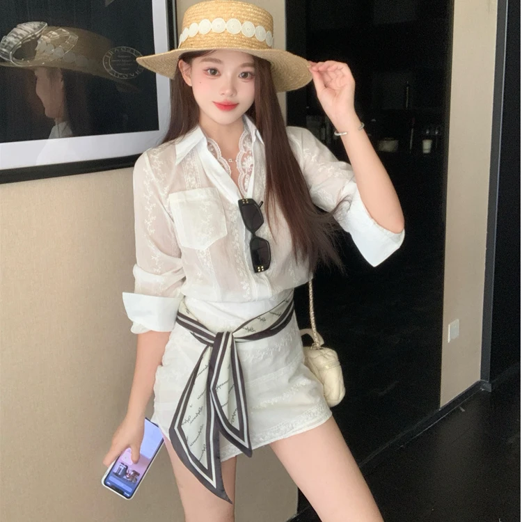 大码胖妹妹高级感老钱风蕾丝拼接提花长袖衬衫女夏季包臀裙两件套