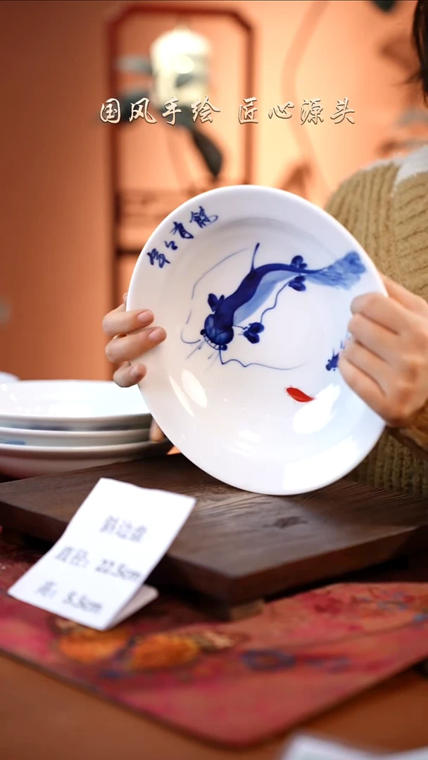 陶瓷景德镇釉中彩餐具斜边盘直径22.5高5.5