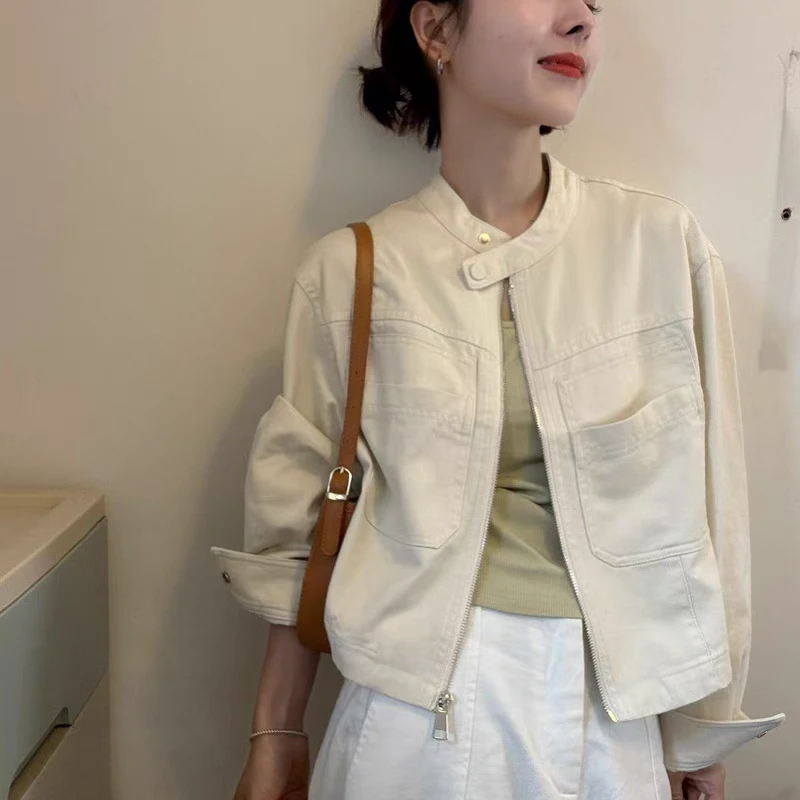 2025春季韩版时尚百搭圆领长袖短款小个子牛仔外套女宽松夹克上衣