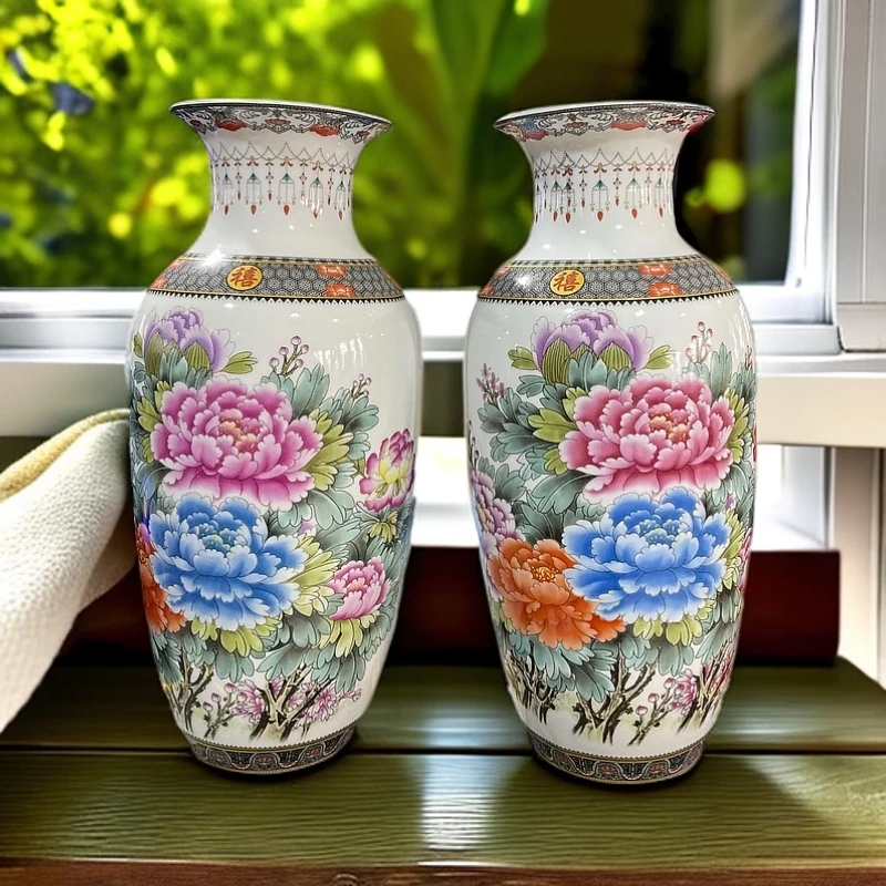 牡丹花陶瓷花瓶一对