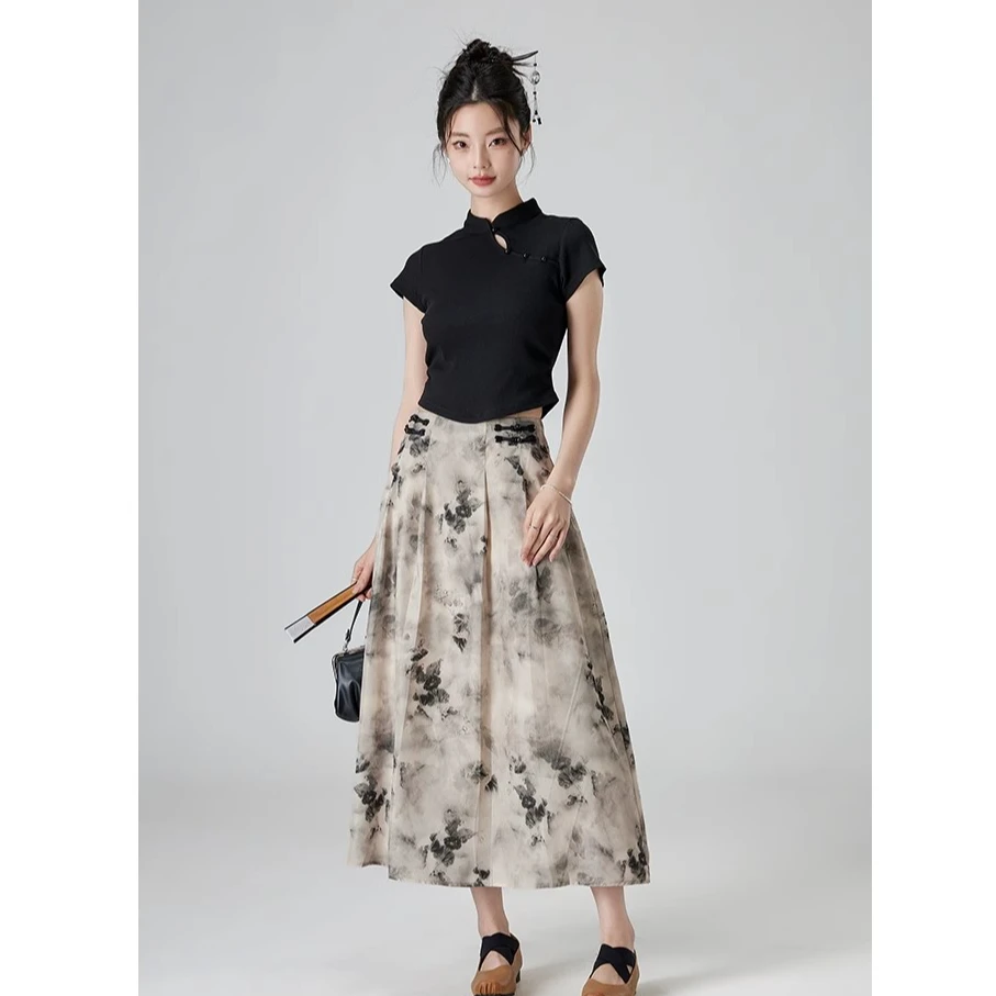 新中式气质国风小众套装短袖上衣水墨半身裙套装