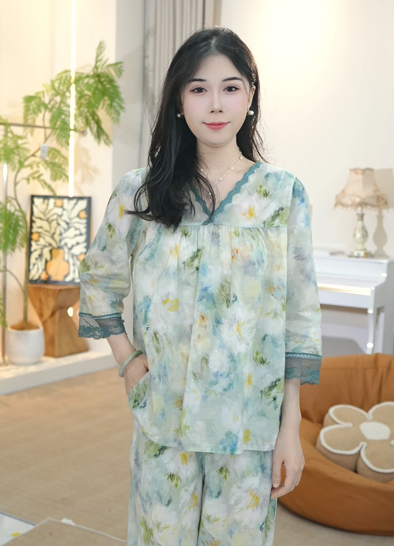 【冰冰专属】2025夏款女士款舒适100%纯棉睡衣长袖家居服薄款AYR