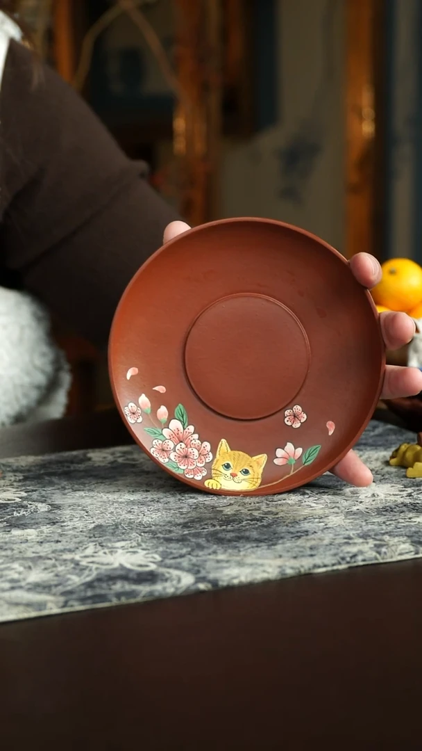 茶杯紫砂58号 海棠花猫咪壶承 宜兴紫砂原矿作品