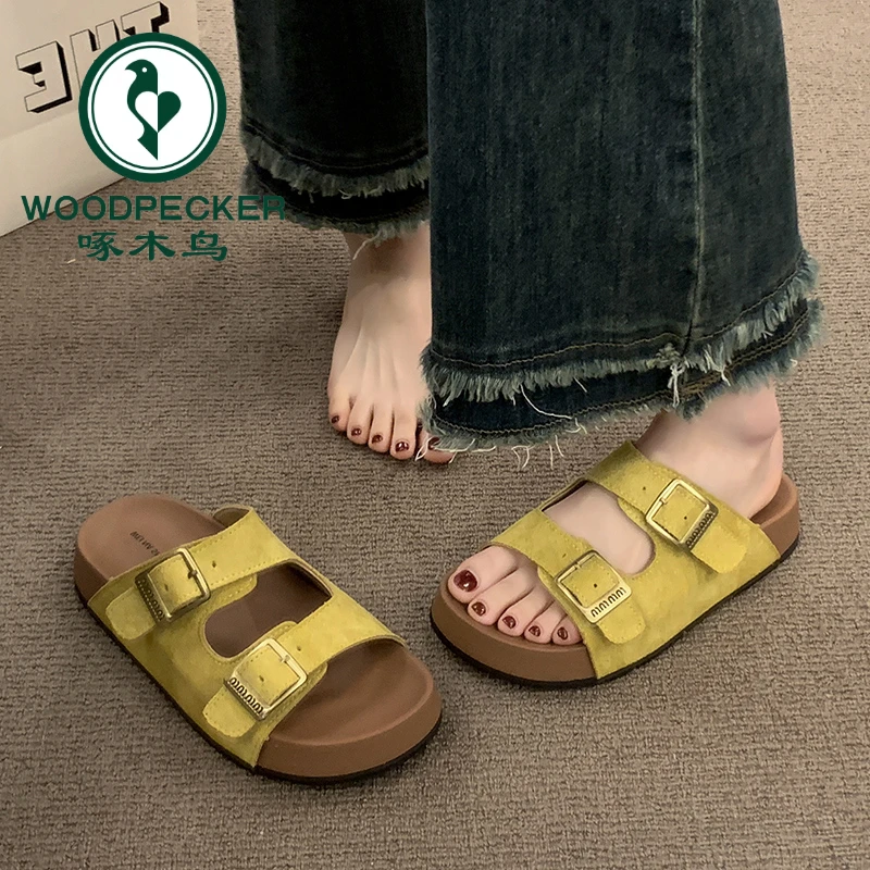 啄木鸟厚底拖鞋女夏外穿2025高级感沙滩一字拖黄色勃肯鞋凉拖鞋