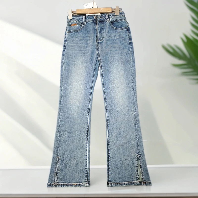 B30780浅色微喇牛仔裤2025年春季新款高腰显瘦开叉牛仔裤