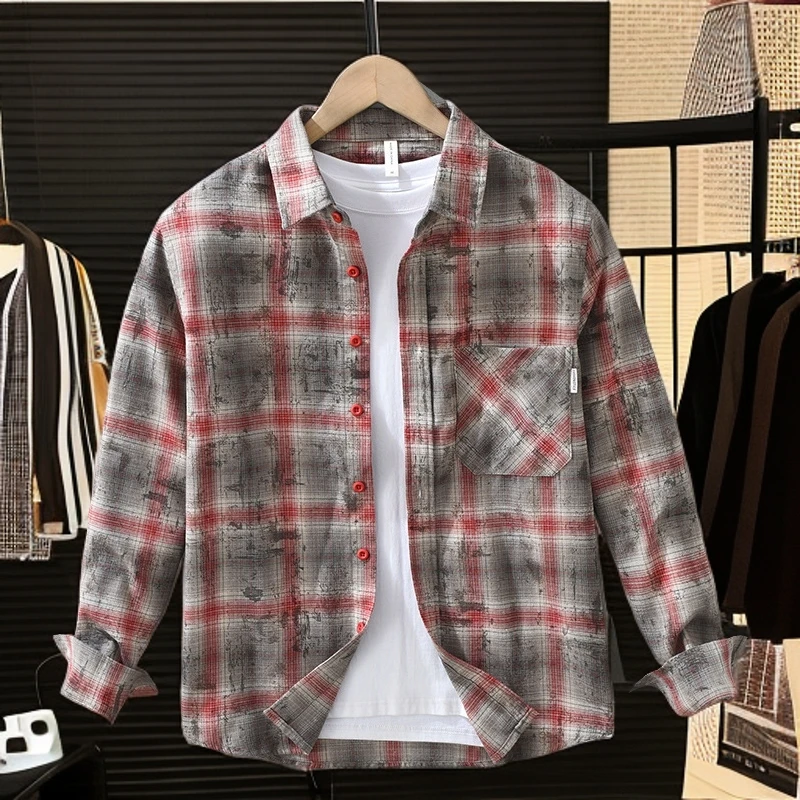 春秋季新品日系复古格子高级感长袖衬衫男工装宽松休闲衬衣寸外套
