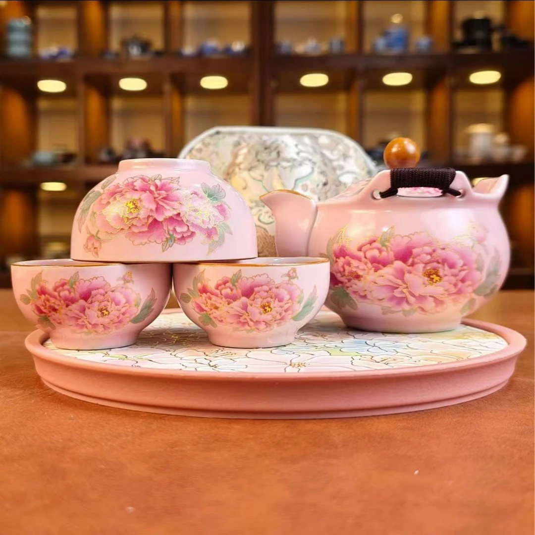 高档粉色汝窑牡丹旅行茶具带茶盘mc083