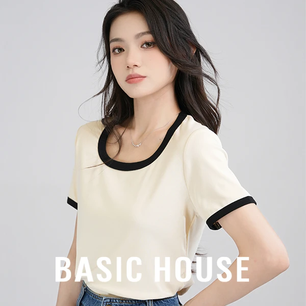 Basic House/百家好方领INS风短款染色T恤百搭纯色打底衫夏季简约