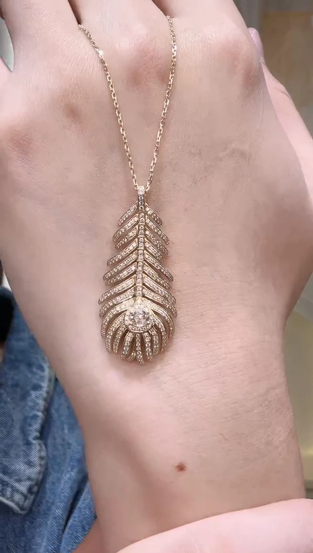 18K金镶嵌颈饰实验室培育钻石18k金k黄羽毛项链