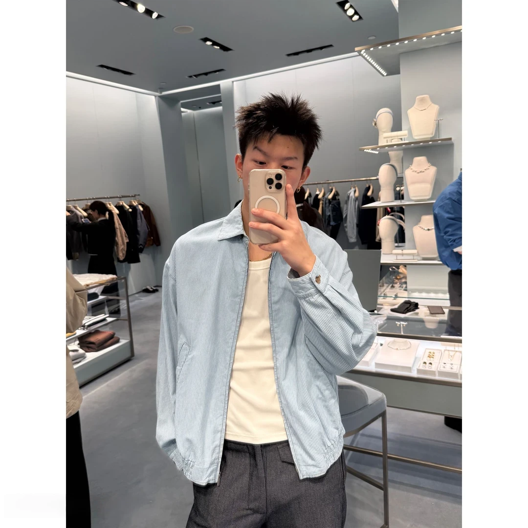 早秋欧若风男士休闲宽松痞帅松弛极简轻薄蓝白条纹翻领衬衫外套