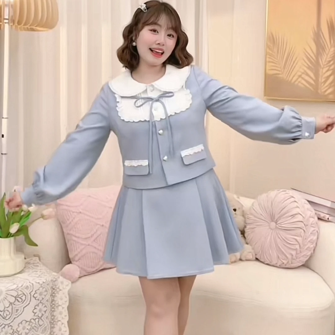 D030【特惠半价】大码甜妹胖妹妹秋款法式长袖衬衫半身裙蓝色套装