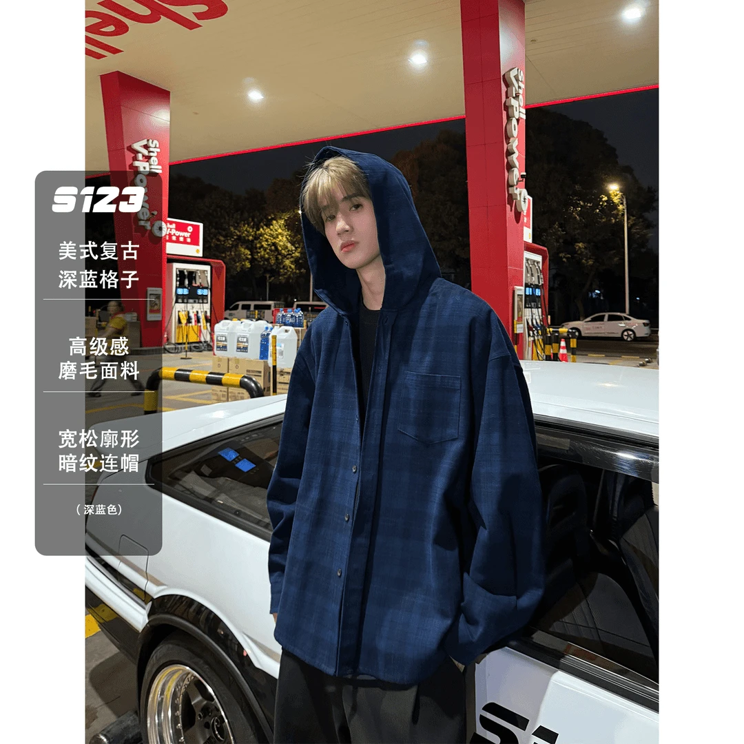 S123美式复古高级感磨毛格子衬衫外套日系宽松廓形百搭情侣夹克