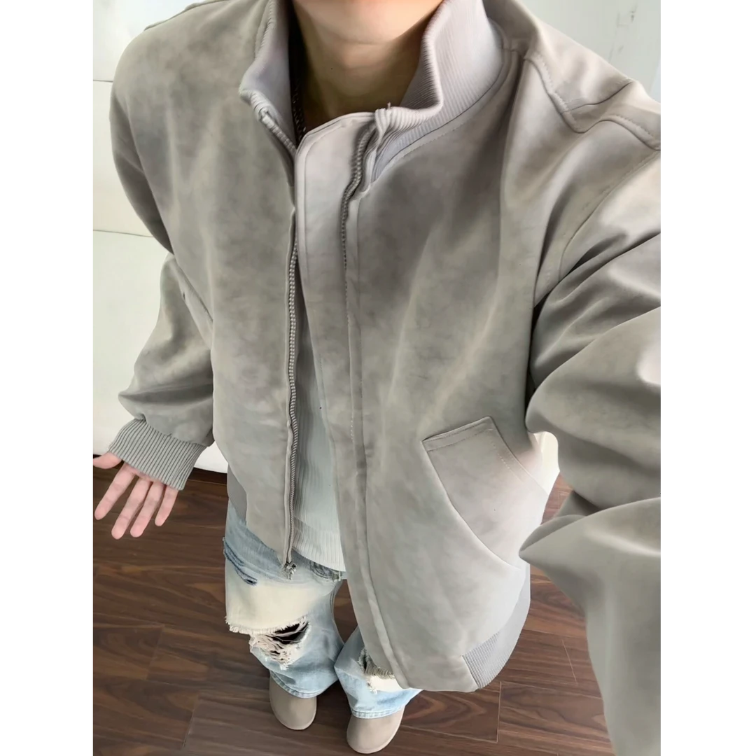美式立领工装夹克男春秋季高级感痞帅硬汉PU皮衣外套情侣棒球服