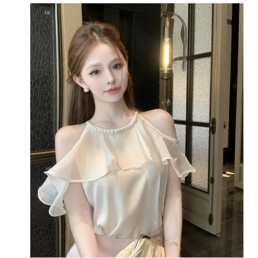 高品质2025年法式荷叶边挂脖时尚气质显瘦上衣