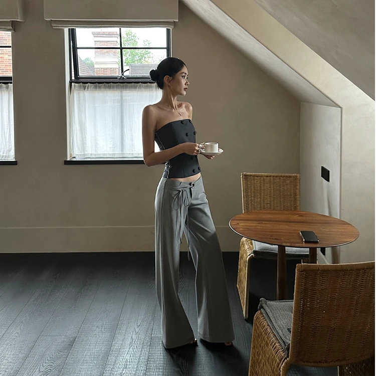 灰色低腰辣妹百搭微喇裤女高级感宽松显瘦斜门襟绑带拖地长裤