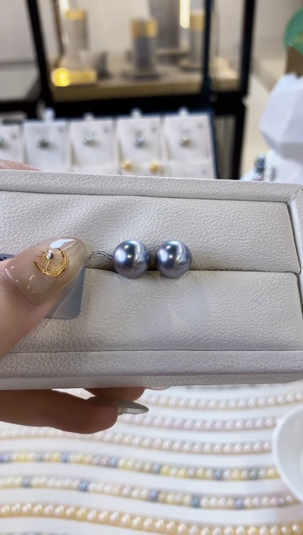 银S925镶嵌耳饰海水珍珠9-10大溪地黑珍珠耳饰