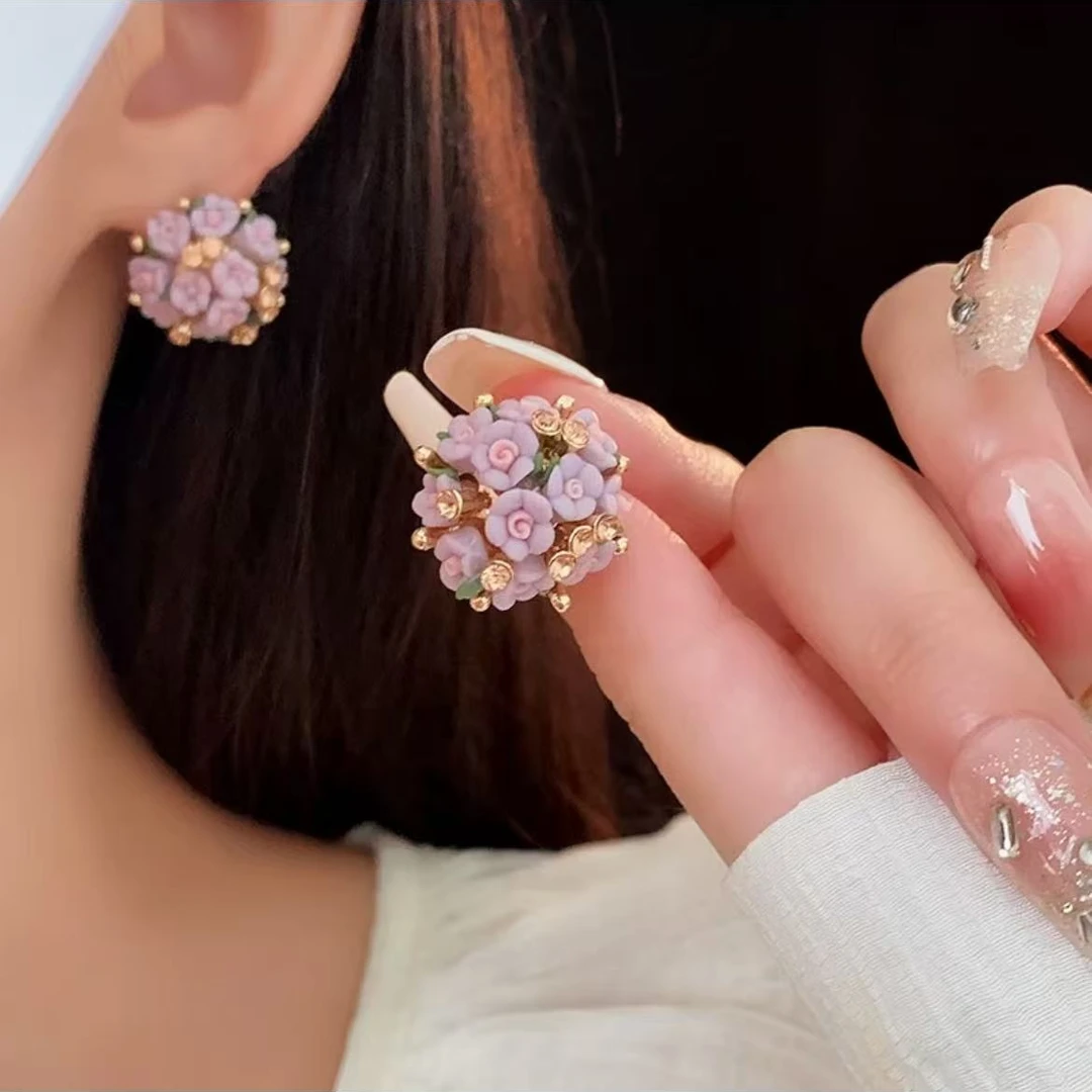 铜合金耳饰 【Q108】紫花耳环气质大气时尚耳钉高级感高档紫色耳环