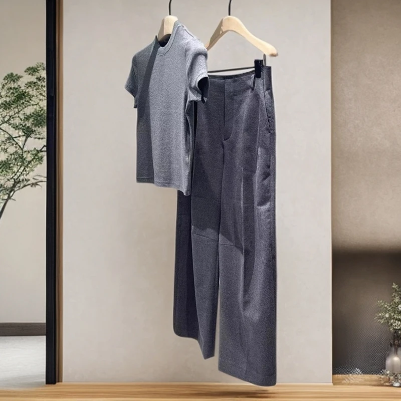 大方得体夏季减龄一整套灰色正肩t恤裤子两件套女时尚高级感套装