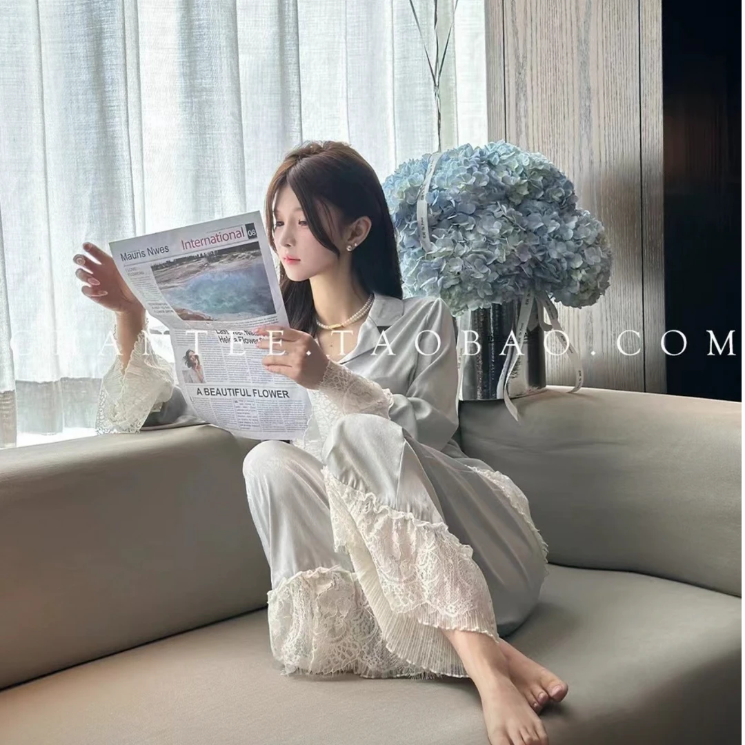 VINEEMAN【水乳啵啵】甜美公主风柳叶丝七分袖套装秋季睡衣家居服