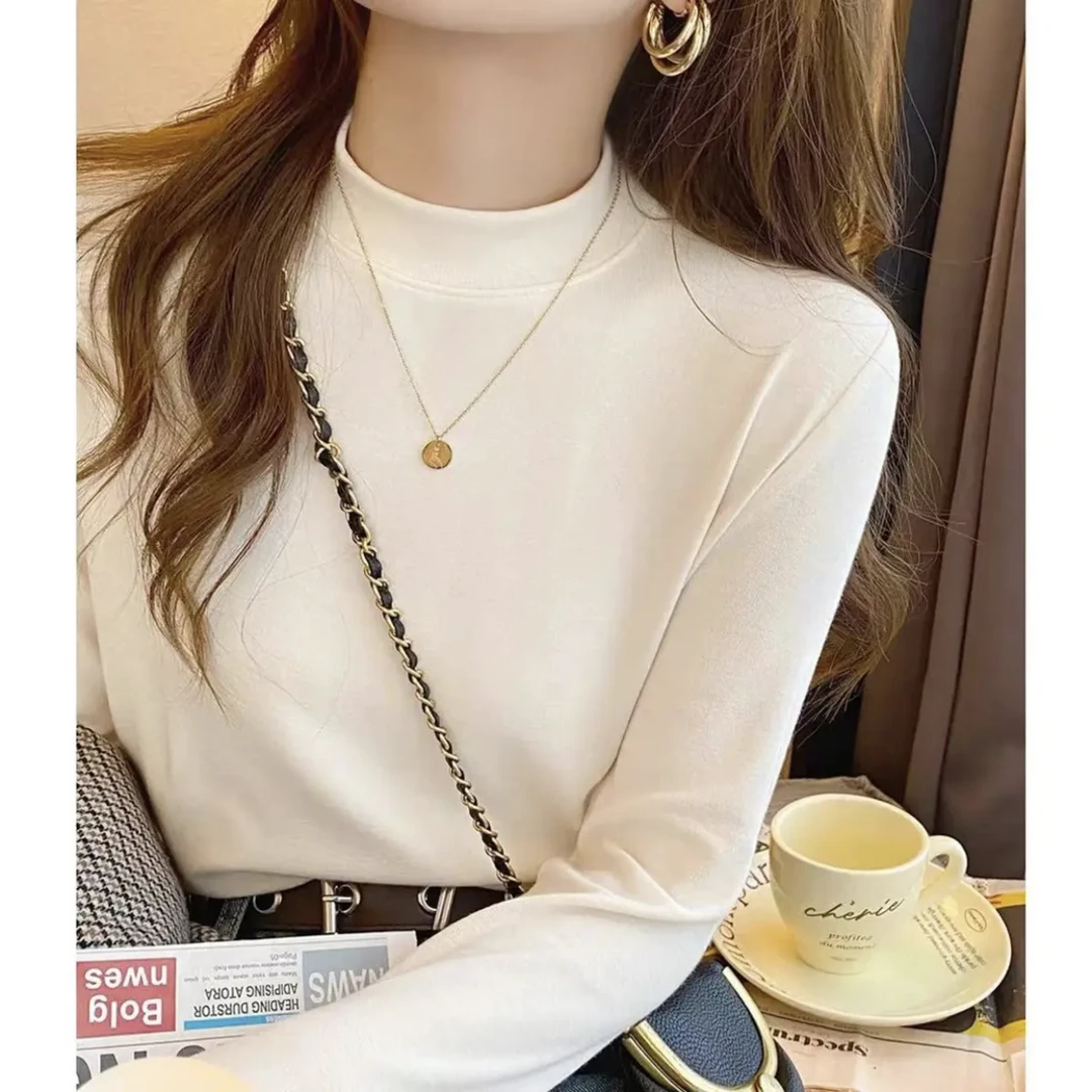 简简辉春季新款打底衫磨毛百搭T恤立领显瘦内搭上衣套头T007