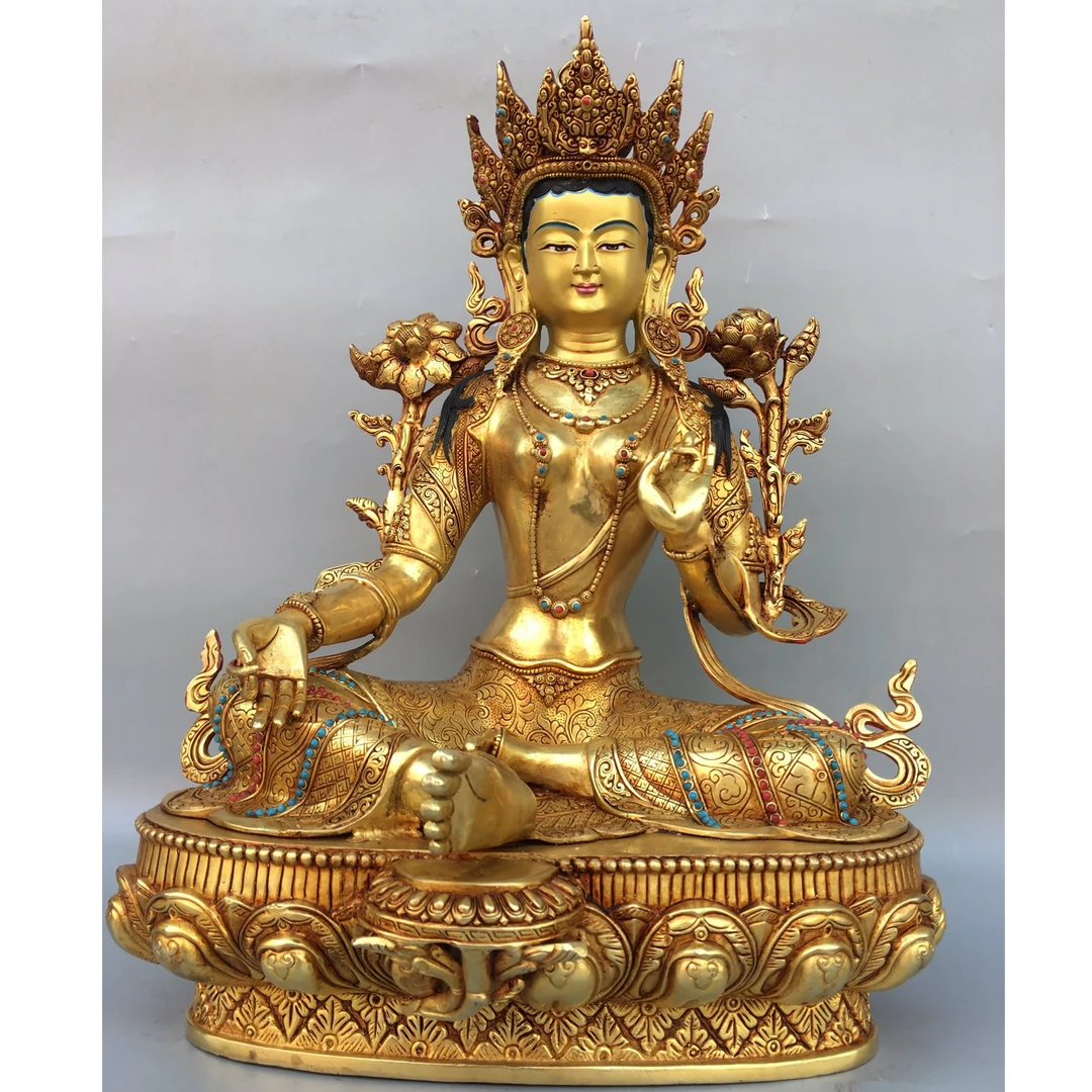 鎏金画脸孙悟空绿度母佛像工艺精美重约6.4公斤高43CM宽约27CM