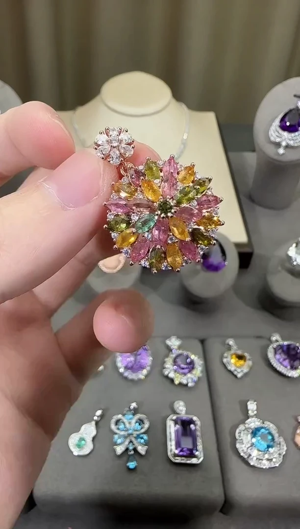 颈饰银S925镶嵌碧玺19mm吊坠繁花设计款多样性发一