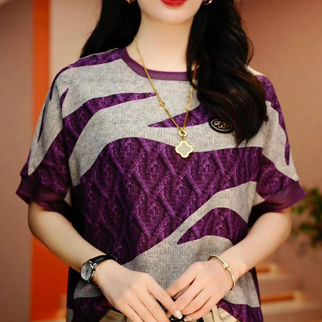 魅影暗舞-夏季极简风减龄优雅轻奢时尚百搭气质圆领上衣