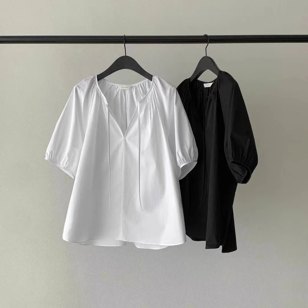 现货！2025韩国东大门代购ounce春夏V领系带显瘦褶皱设计中袖衬衫