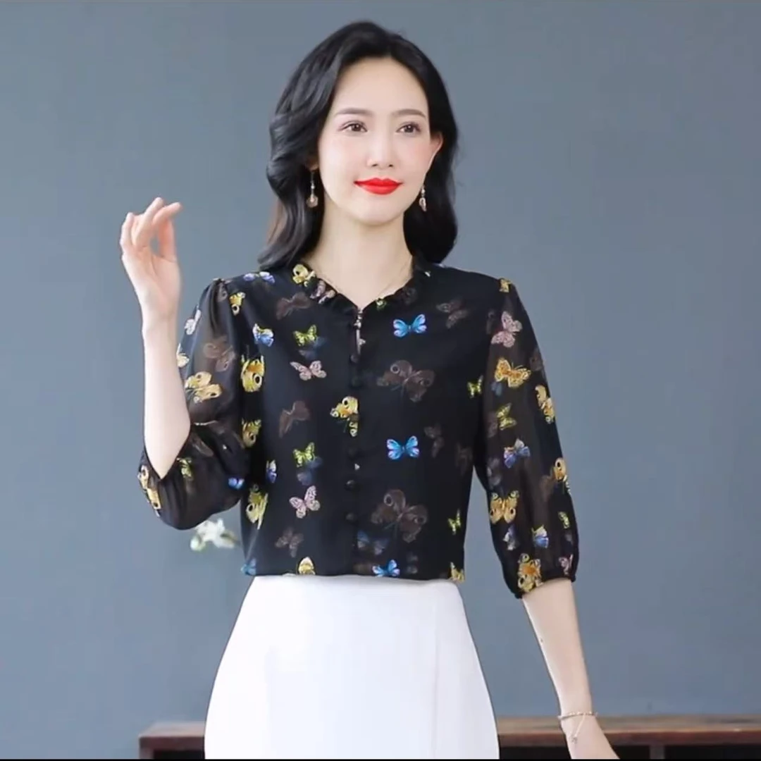 【花飞蝶舞】春夏季新款气质长袖衬衫透气宽松百搭套头显瘦上衣9015