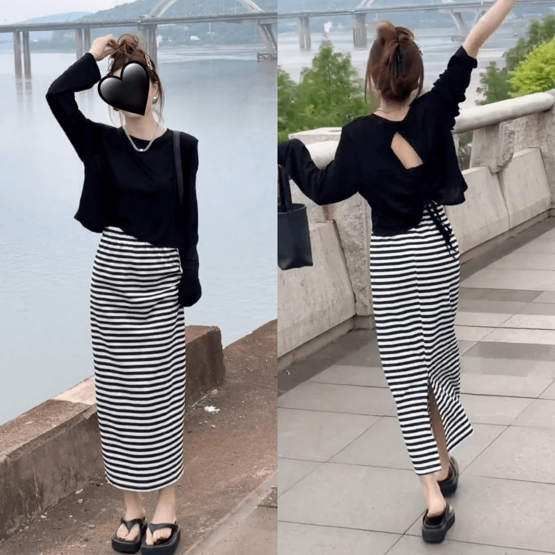 2025夏季新款时尚气质露背小设计感T恤条纹开叉显瘦半身裙两件套