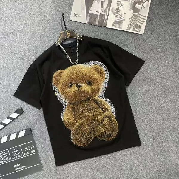 轻奢夏季春夏印花设计师圆领高奢男士烫钻时尚休闲情侣半袖百搭