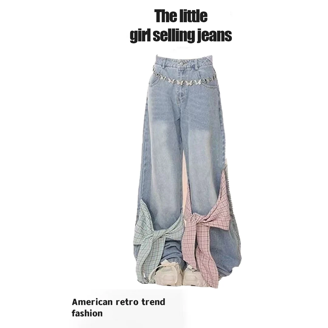 计感蝴蝶结阔腿蓝色牛仔裤2024年新款女高腰显瘦美式高街直筒裤子