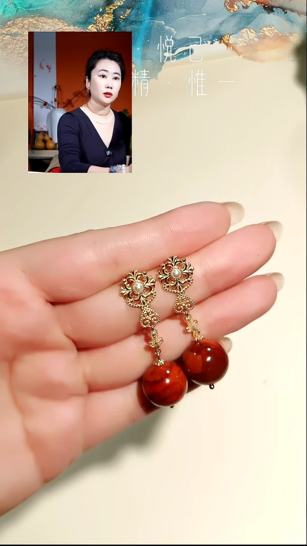 银S925镶嵌火焰纹南红玛瑙耳环