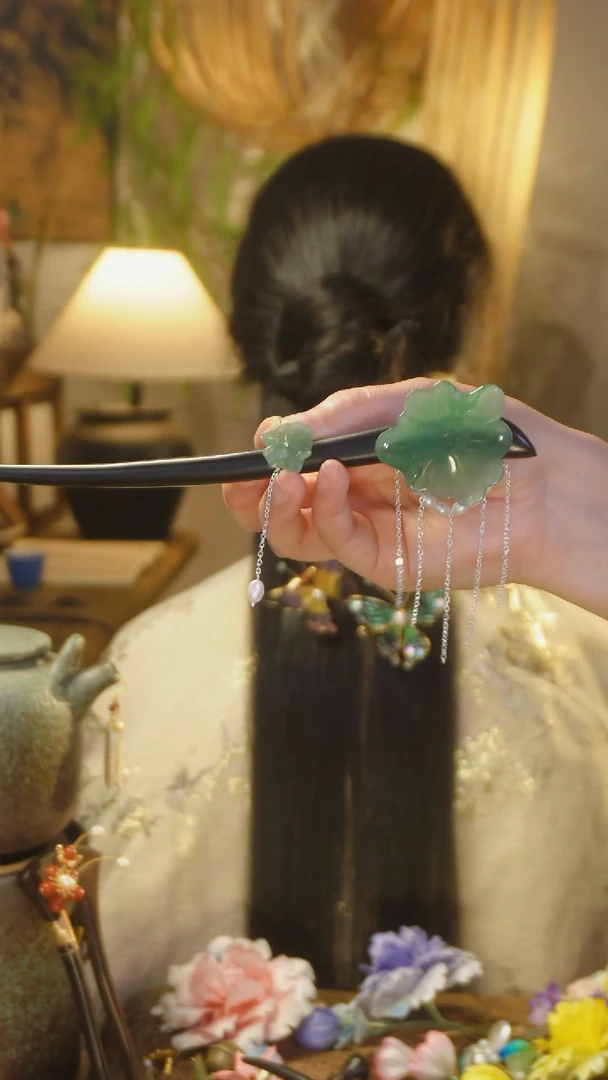 木原创设计荷叶步摇加耳环一套