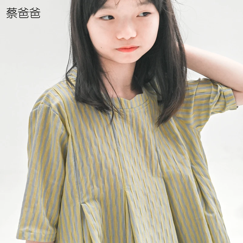 蔡爸爸童装女童小清新早秋装2025新款中大童条纹连衣裙肌理感667