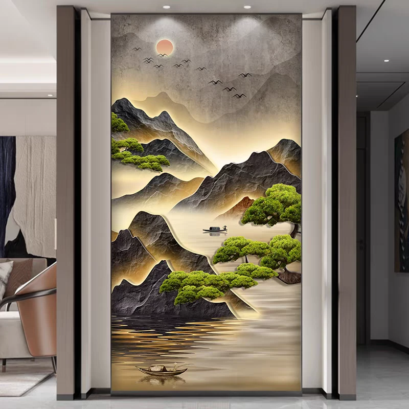迎客松山水画墙纸中式3d立体玄关背景墙壁纸复式别墅壁布挑高墙布