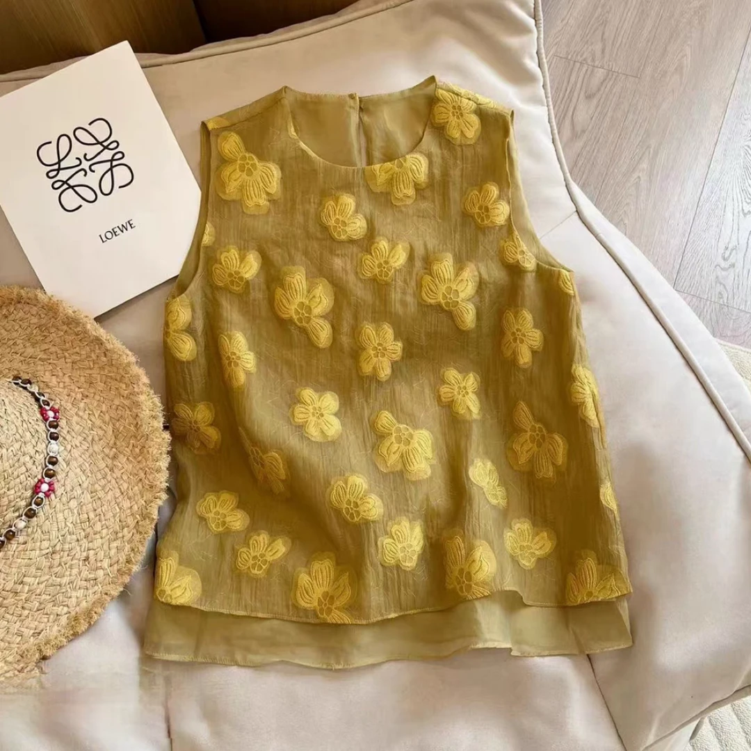 立体花朵无袖休闲风宽松型中国风宽松提花吊带重工百搭文艺