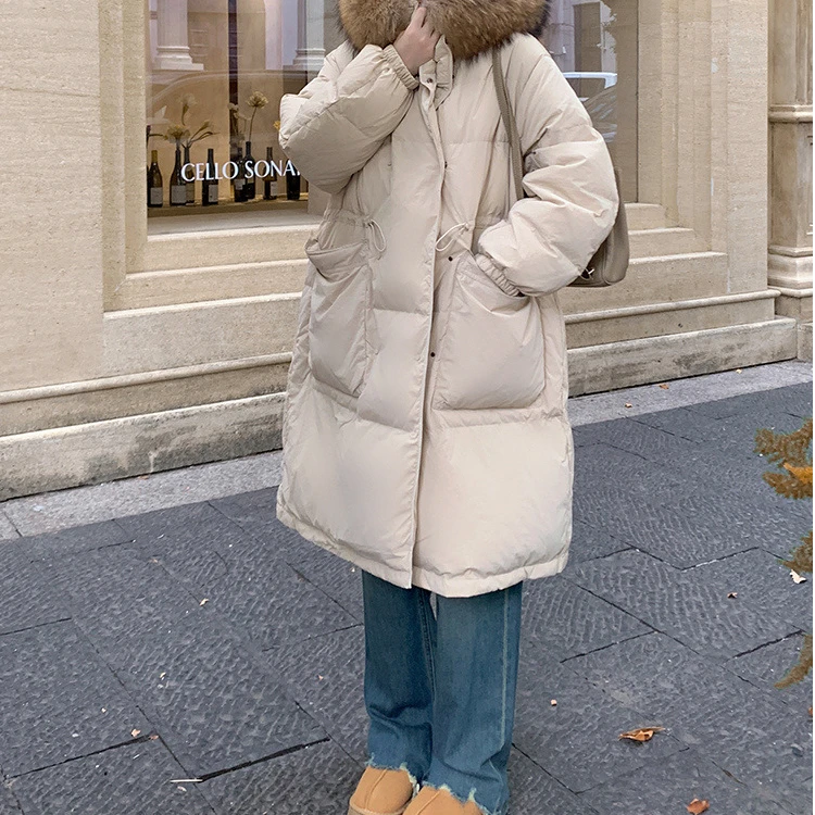 2025新款韩版大码胖MM冬季慵懒风长款连帽貉子毛领加厚羽绒服251