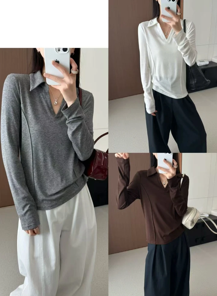 3008#V翻领长袖打底衫