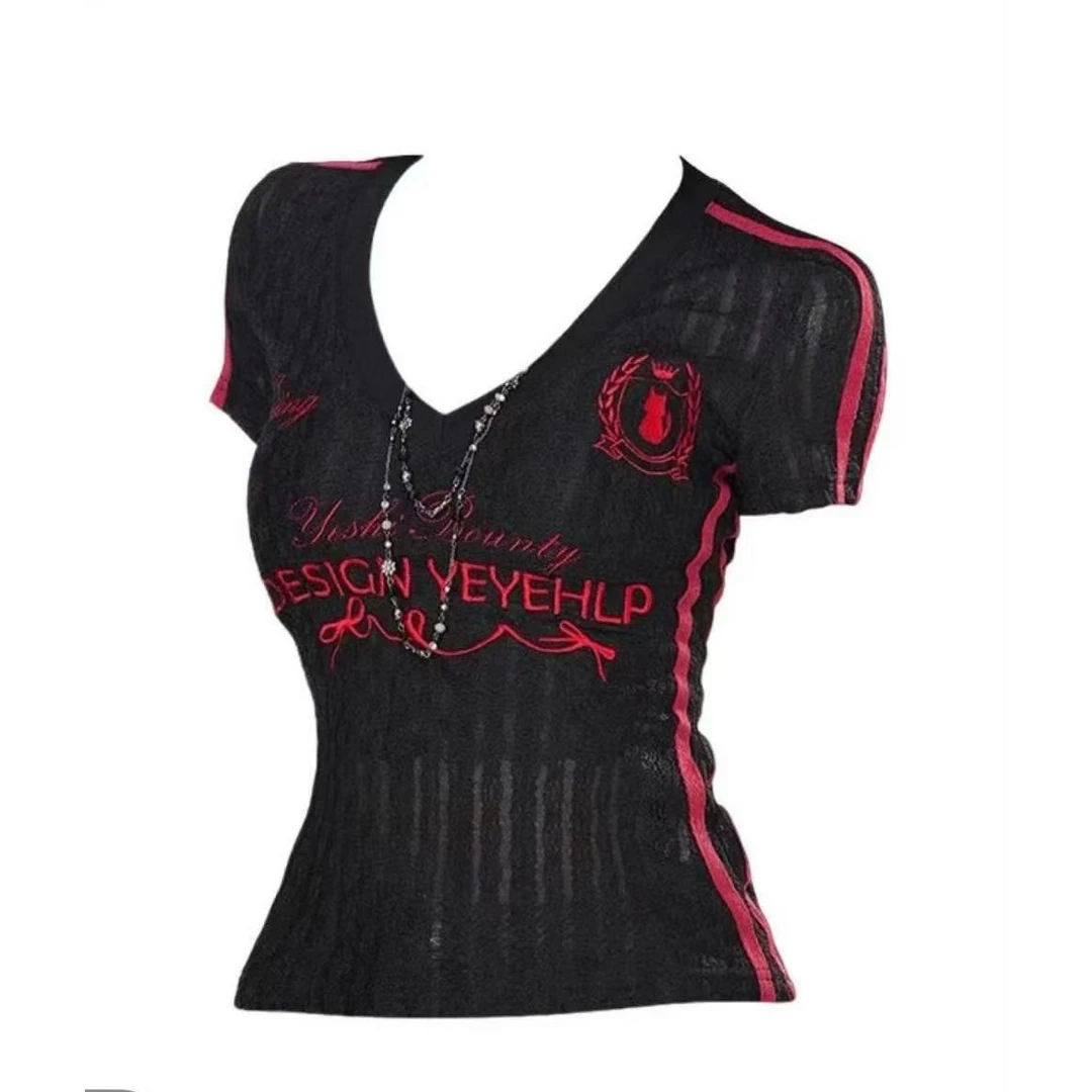 有莱头家V领微透正肩短袖T恤女修身显瘦上衣