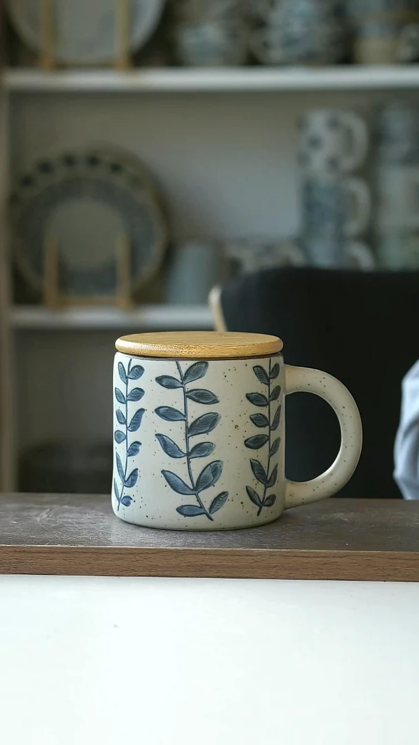 粗陶手绘藤蔓马克杯420ml带盖@4-2@