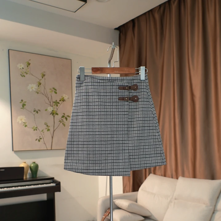 G359 袢扣装饰高腰千鸟格呢料半身裙女 14XA42